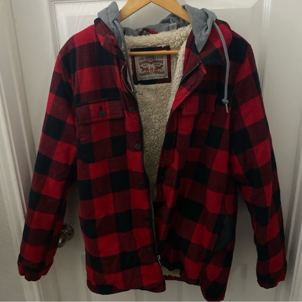 Levi StraussLined Plaid Hoodie Coat Jacket Black Red Heavy Men Large